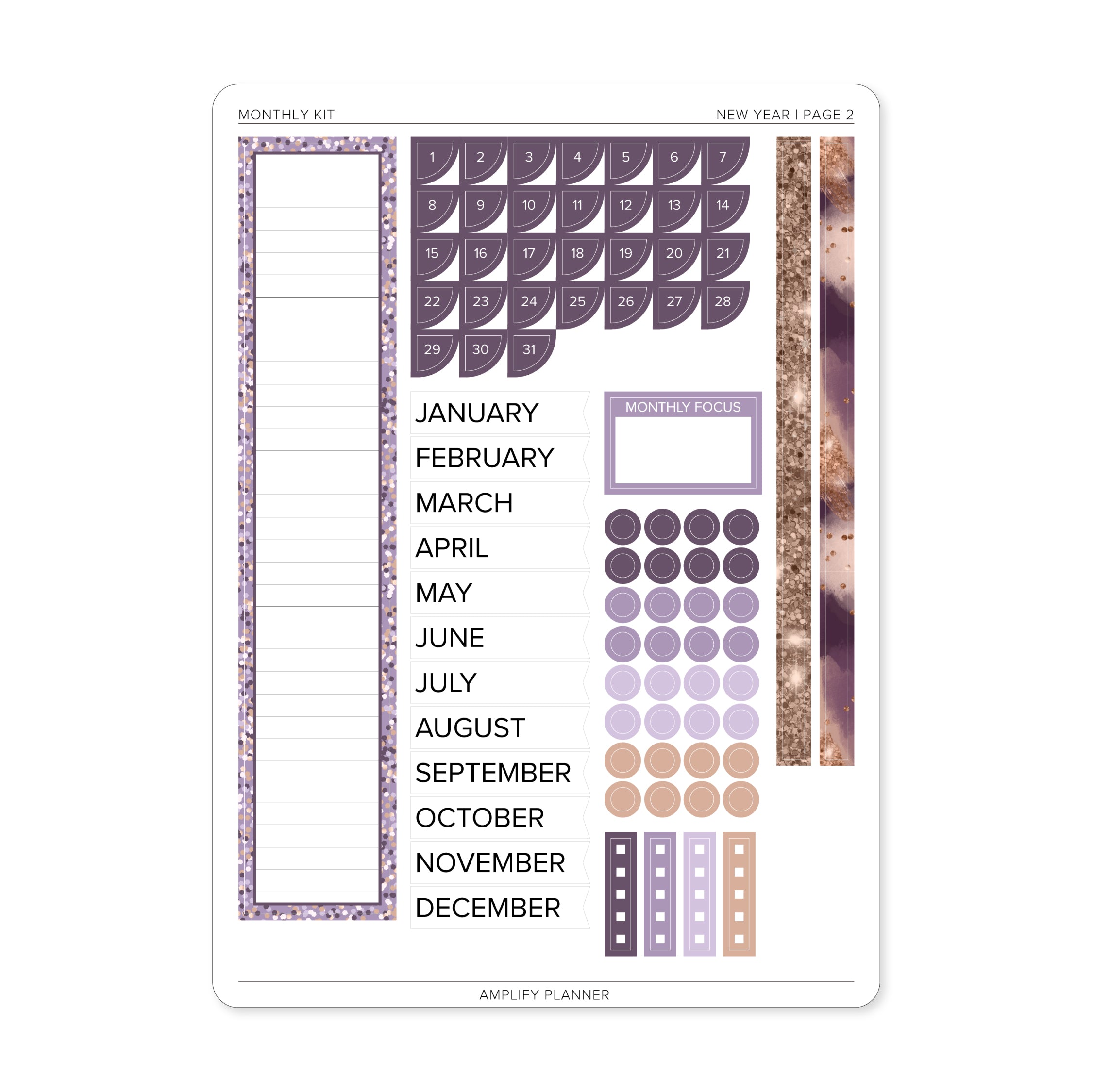 New Year - Amplify Planner Monthly Sticker Kit second page featuring monthly name banners, date stickers, and checkbox strips for organized planning.