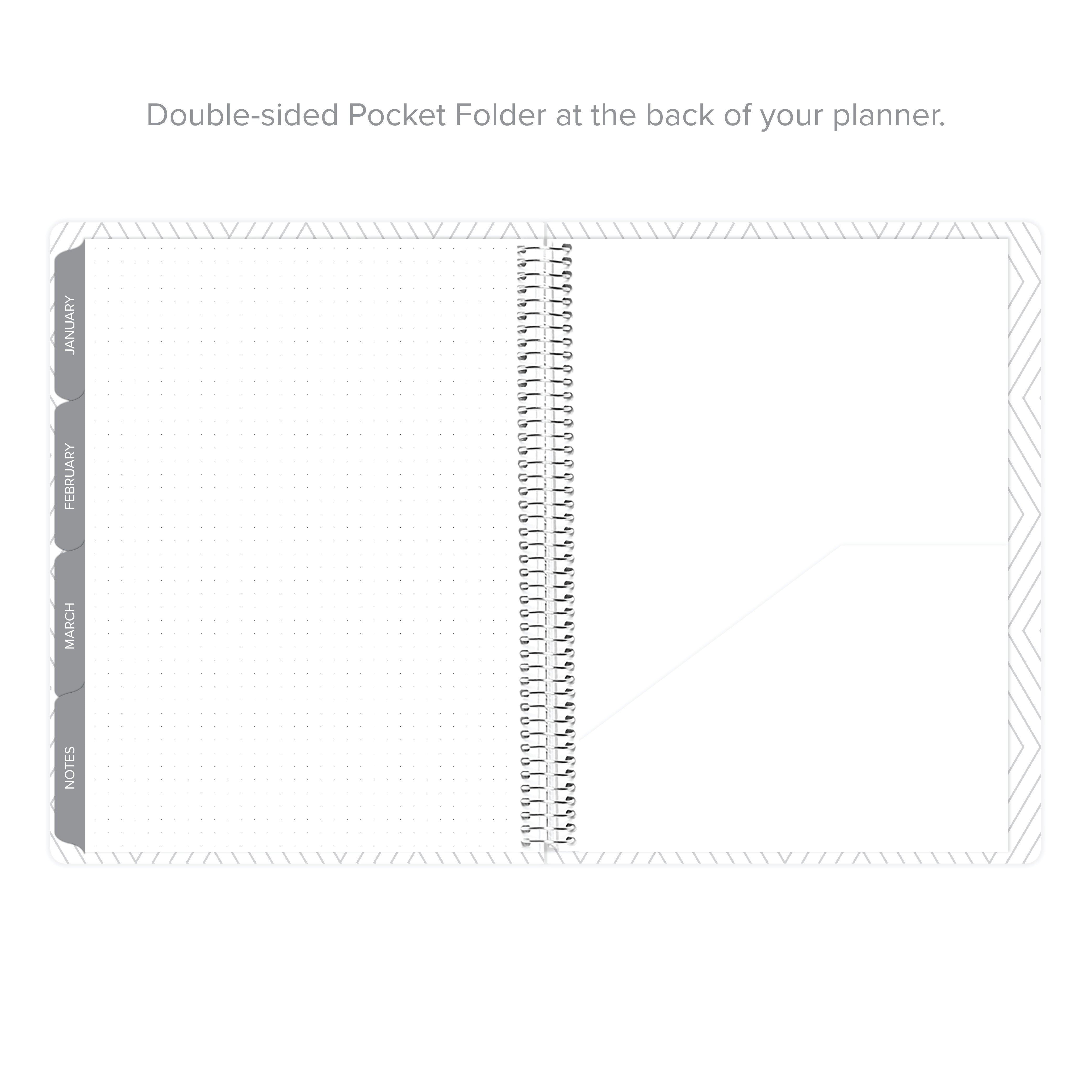 Double-sided pocket folder featured in the Daily Planner - January-March 2026, for storing important documents.