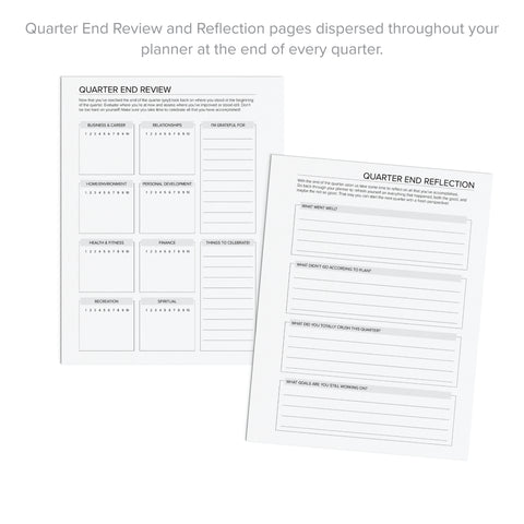 Quarter End Review and Reflection pages found in the Daily Printable Planner by Amplify Planner.