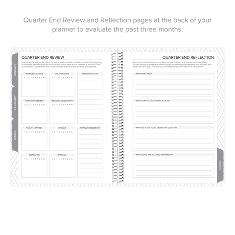 Quarter End Review and Reflection pages at the back of the Daily Planner - January-March 2026, for evaluating past goals.