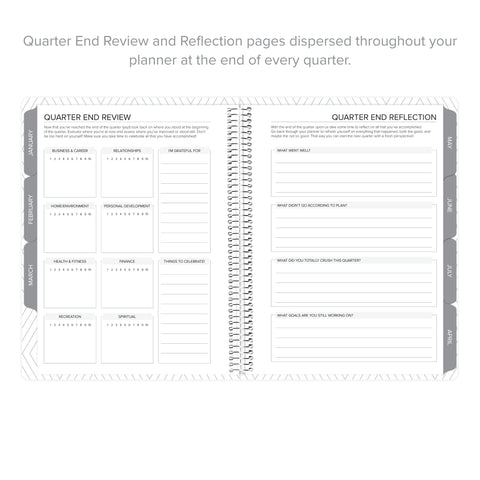 Quarter-end review pages in weekly Amplify Planner for reflection and progress tracking, 2026