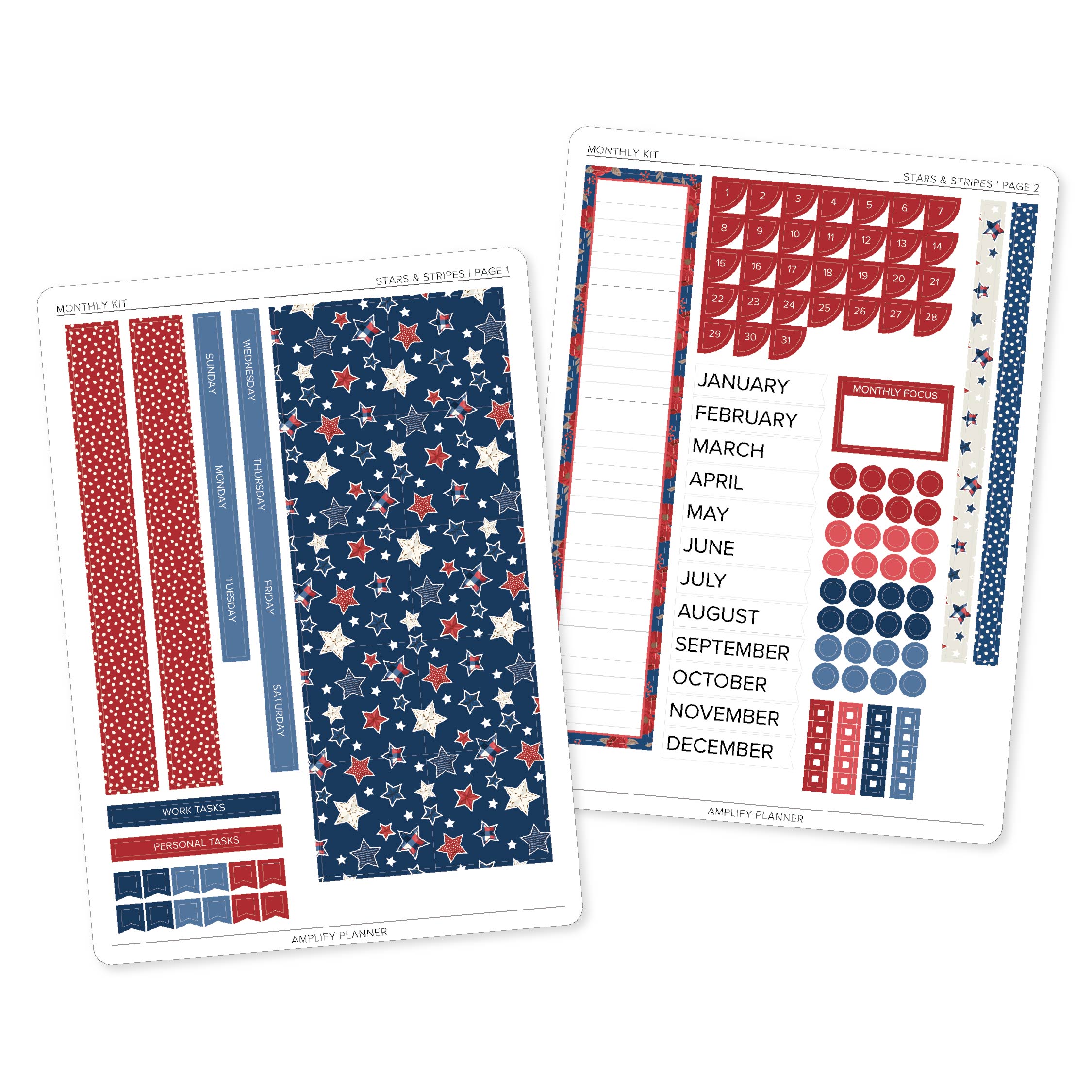 Stars & Stripes Monthly Sticker Kit featuring patriotic planner stickers with red, white, and blue colors, star patterns, and functional monthly stickers.