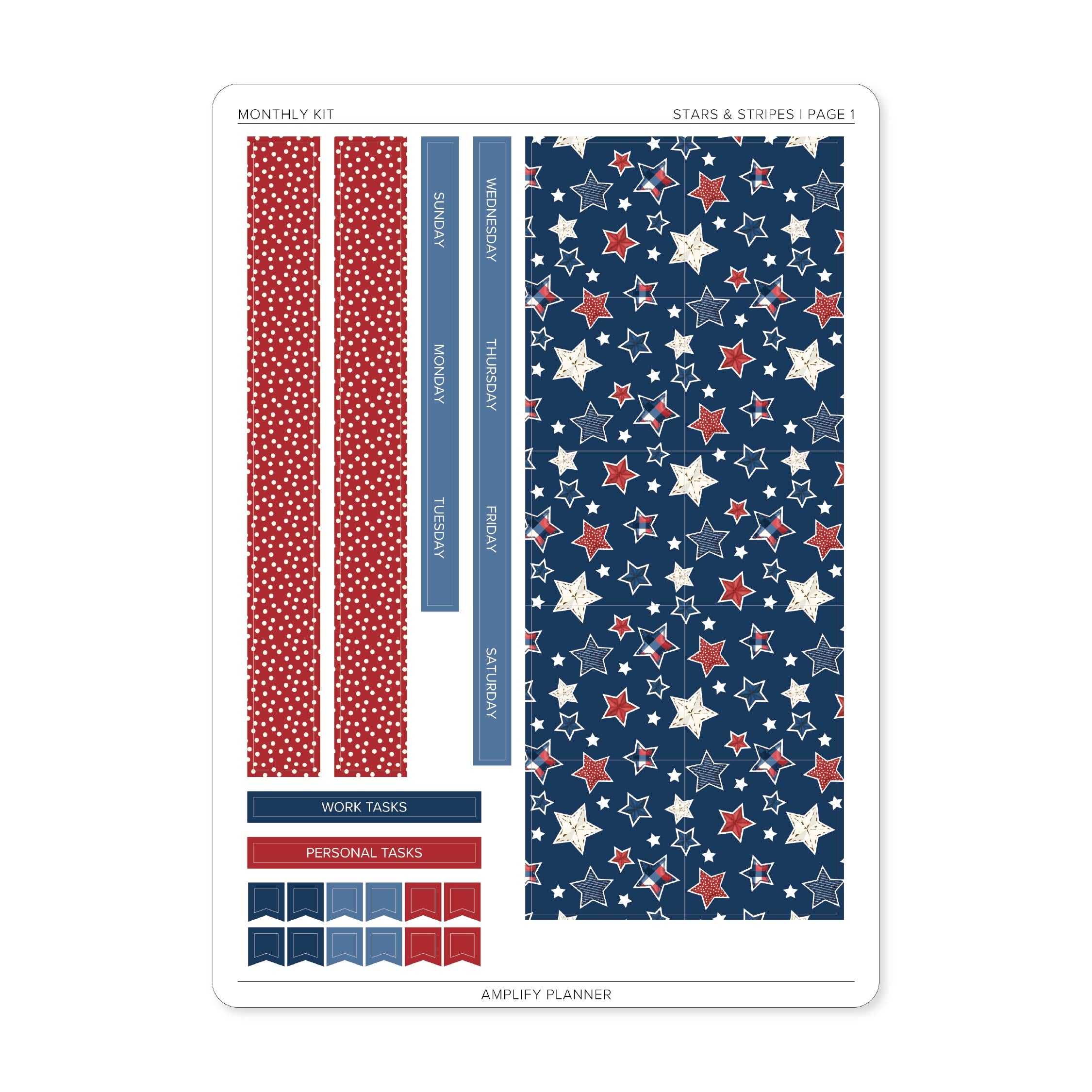 Stars & Stripes Monthly Sticker Kit page 1 featuring star patterned monthly box covers, red polka dot strips, task labels, and weekday headers.