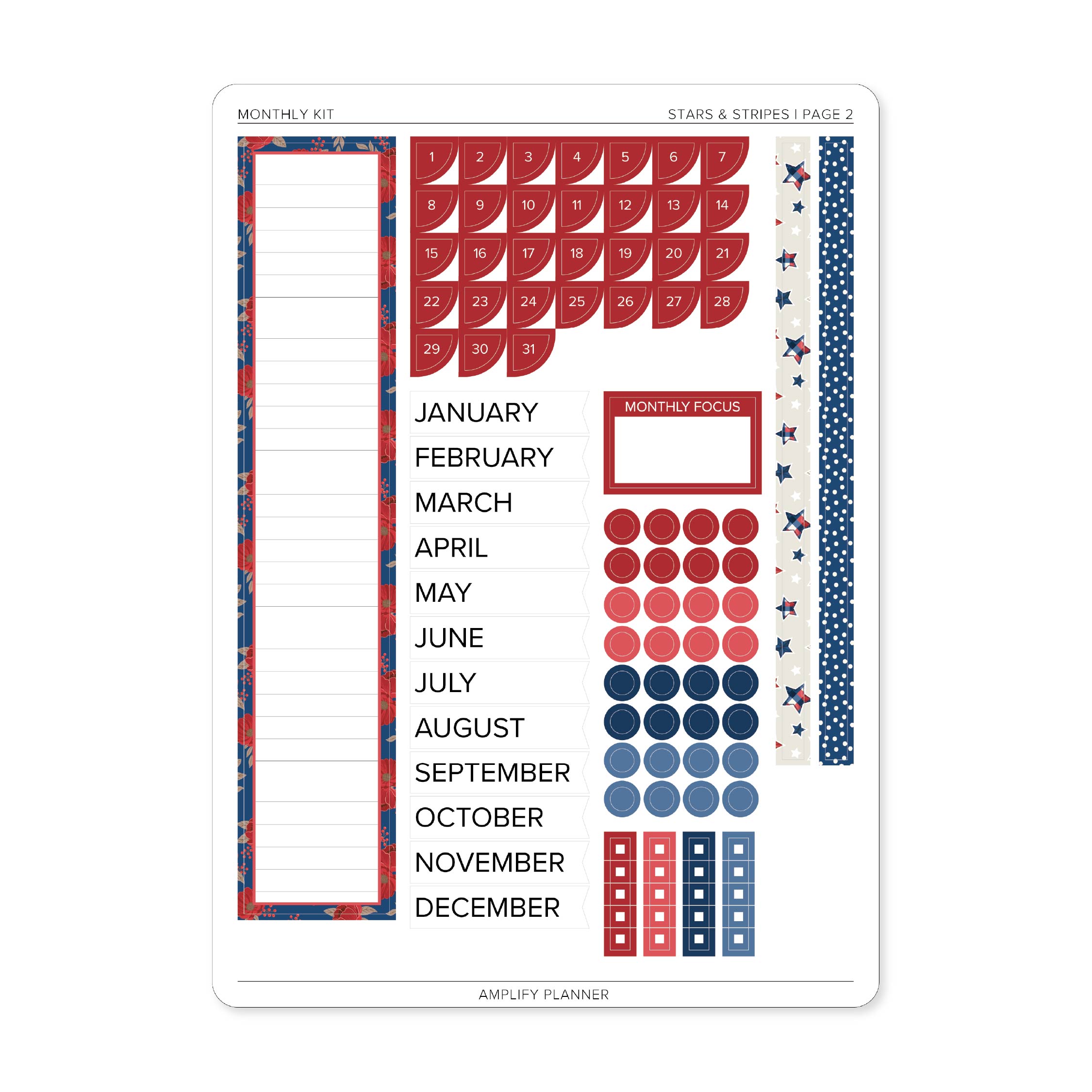Stars & Stripes Monthly Sticker Kit page 2 featuring date covers, monthly labels, decorative circles, checklist stickers, and patriotic washi strips.