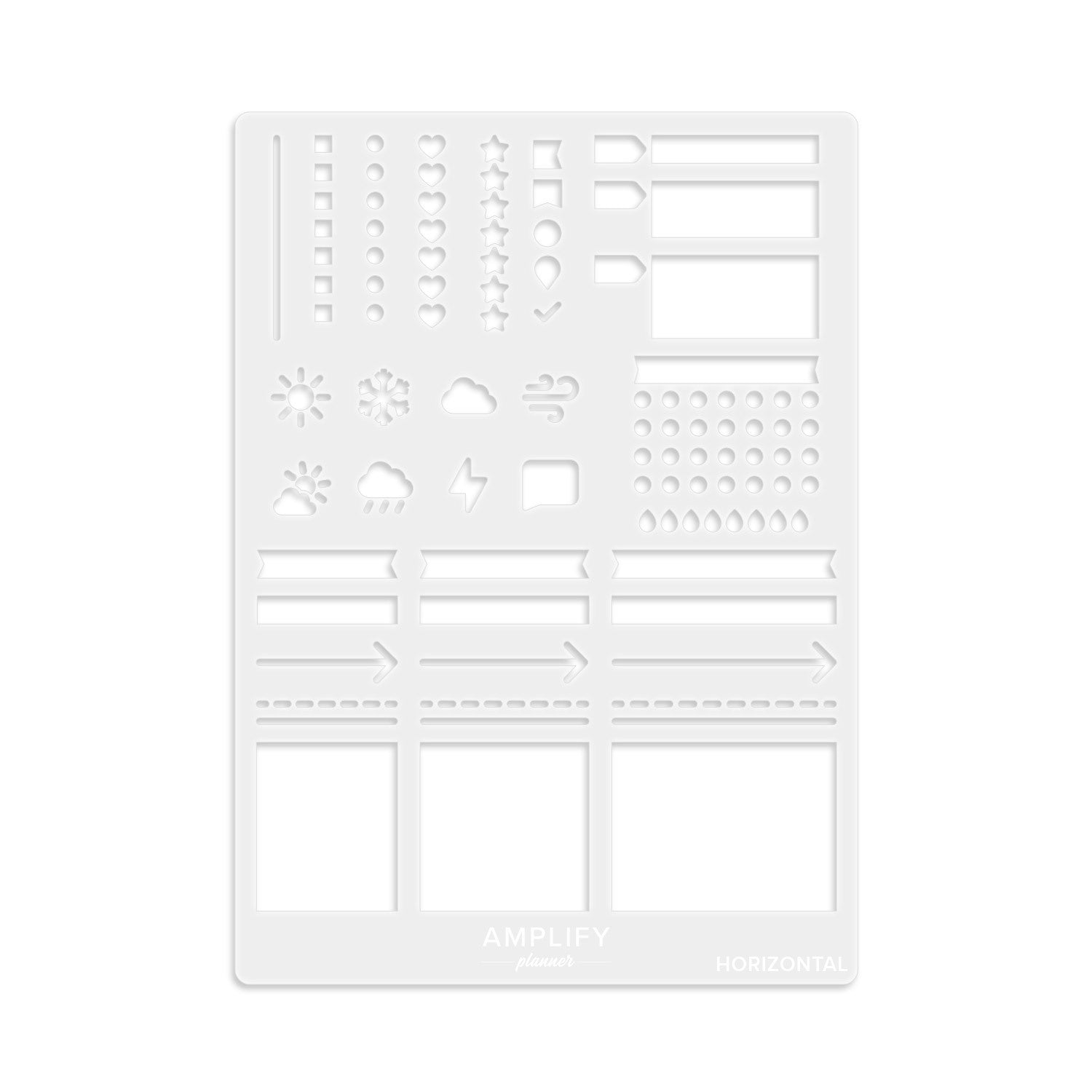 Horizontal Weekly Stencil featuring various shapes and icons including habit trackers, weather symbols, and checklist boxes, perfect for organizing your planner layouts.