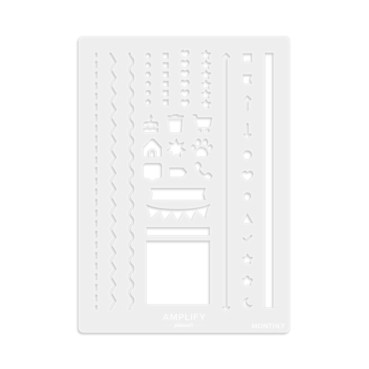Monthly Stencil designed by Amplify Planner, featuring a flexible acrylic sheet with various decorative icons, lines, and shapes for use in monthly layouts and planner customization.