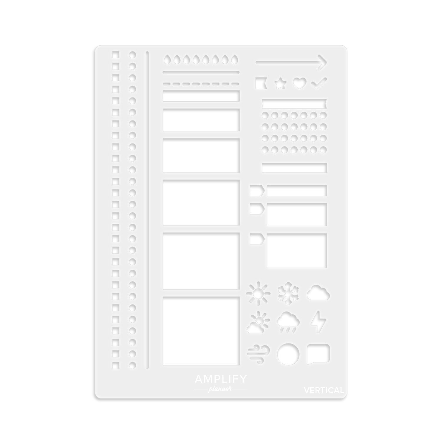 Vertical Weekly Stencil showing flexible acrylic design with boxes, lines, weather icons, checklists, and a mini habit tracker, perfect for organizing your Amplify Planner.