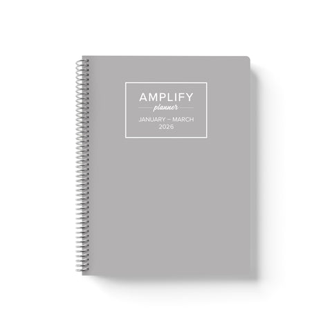 Daily Planner - January-March 2026 featuring a sleek grey cover design by Amplify Planner, ideal for organizing your schedule.
