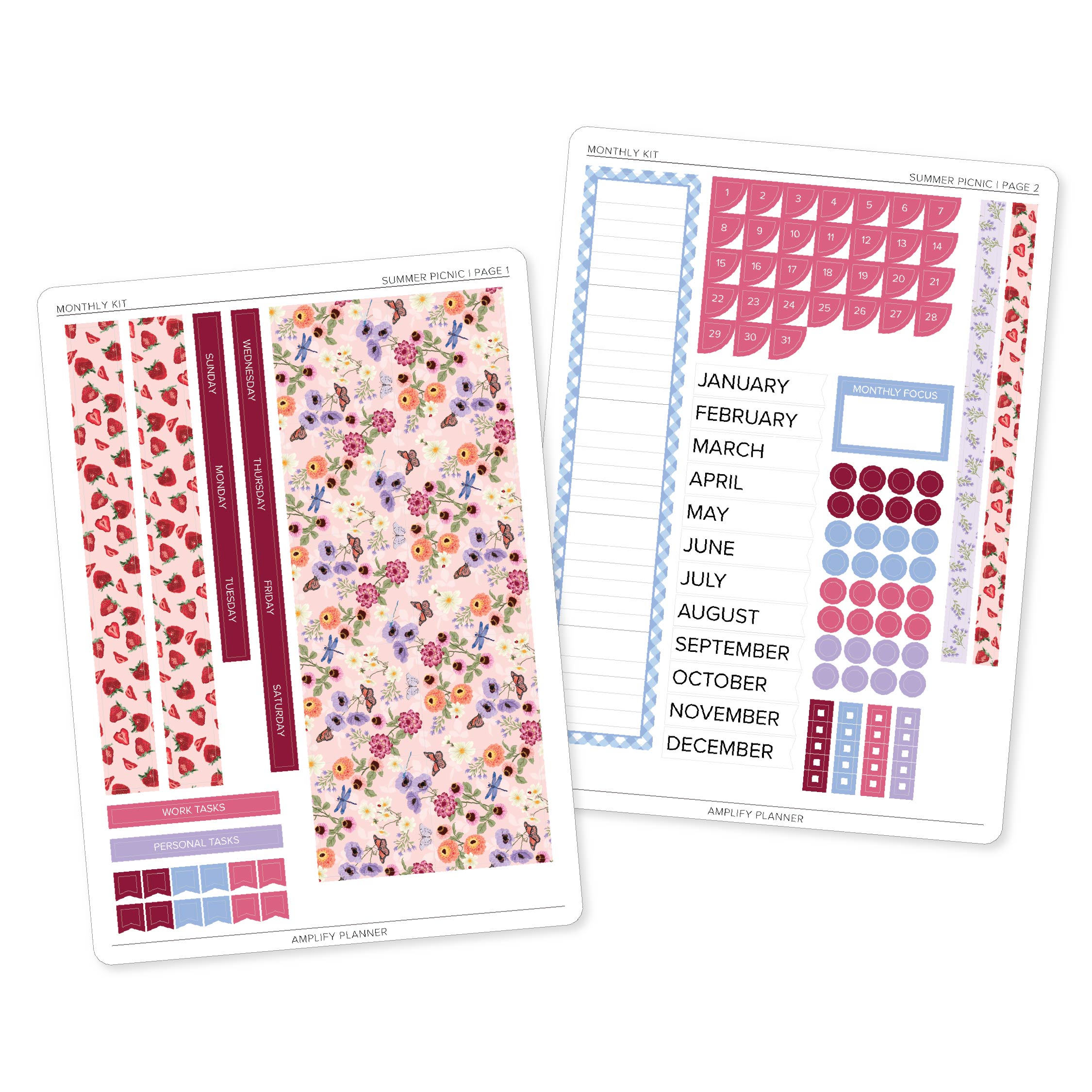 Summer Picnic Monthly Sticker Kit featuring strawberry planner stickers, floral patterns, pastel colors, and functional monthly planning stickers.