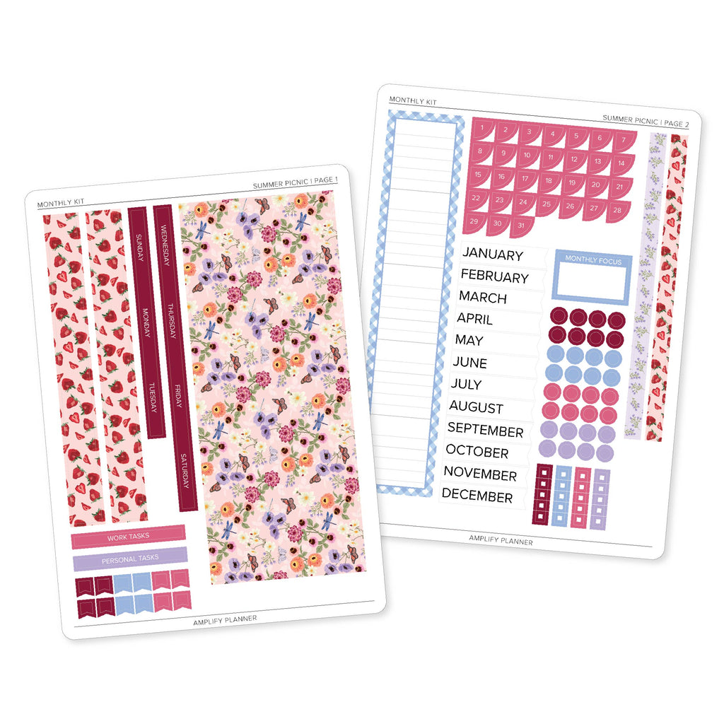 Summer Picnic Monthly Sticker Kit featuring strawberry planner stickers, floral patterns, pastel colors, and functional monthly planning stickers.