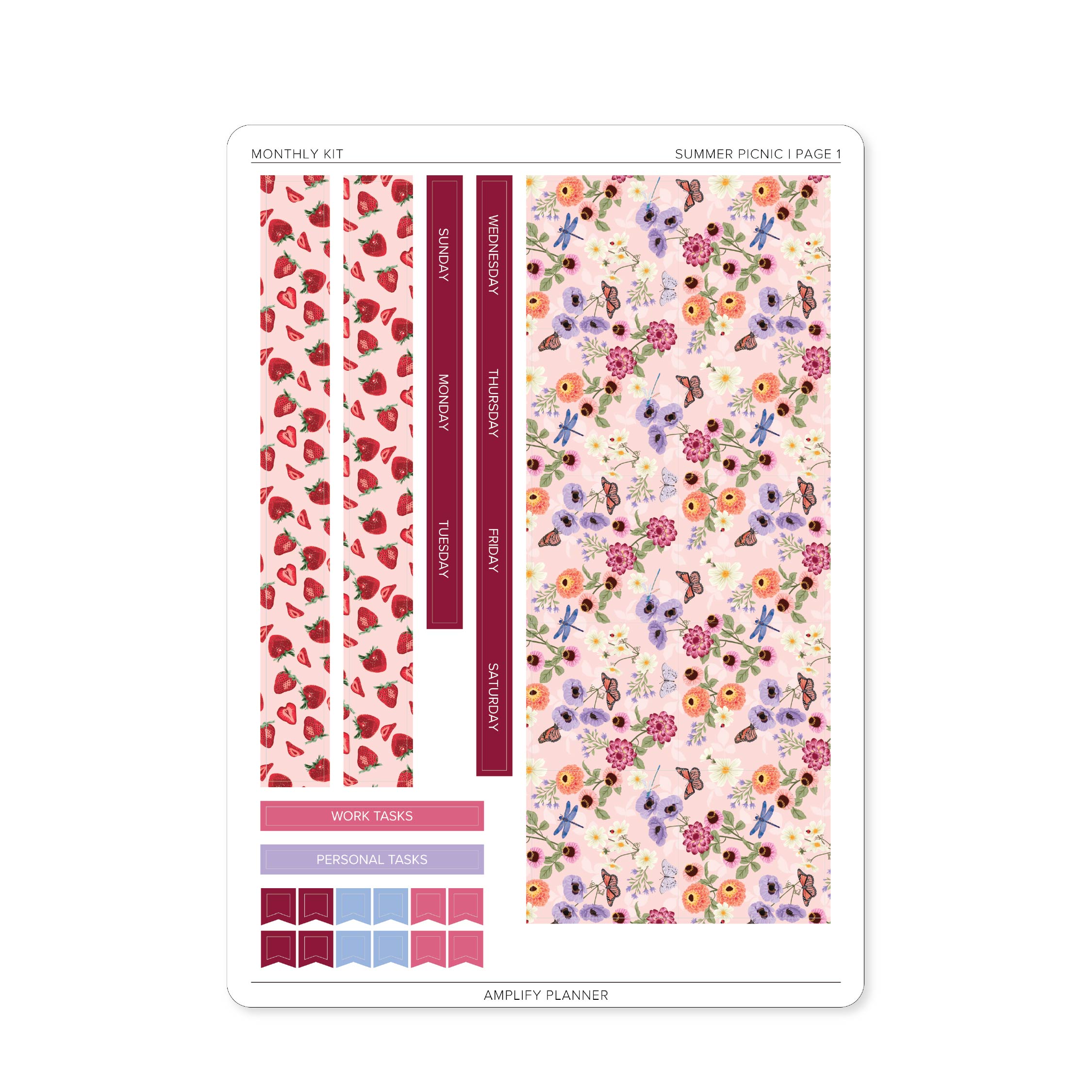 Summer Picnic Monthly Sticker Kit page 1 featuring floral monthly box covers, strawberry patterned strips, task labels, and weekday headers.