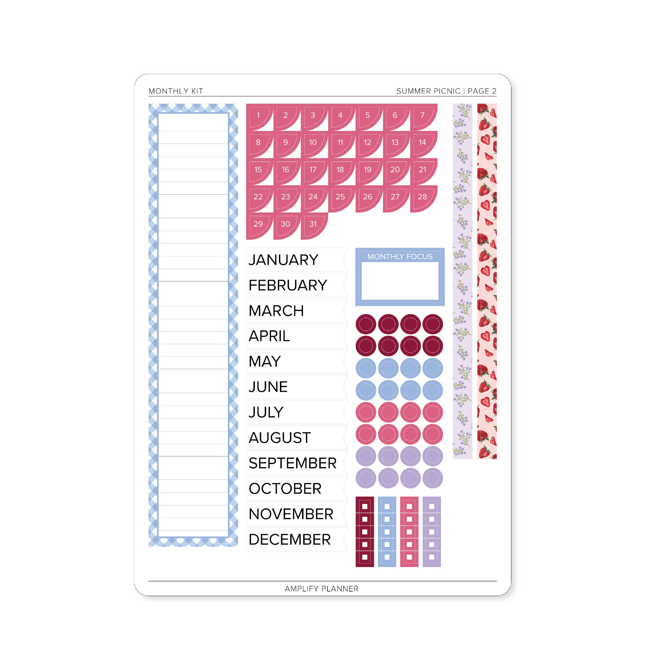 Summer Picnic Monthly Sticker Kit page 2 featuring date covers, monthly labels, decorative circles, checklist stickers, and pastel washi strips.