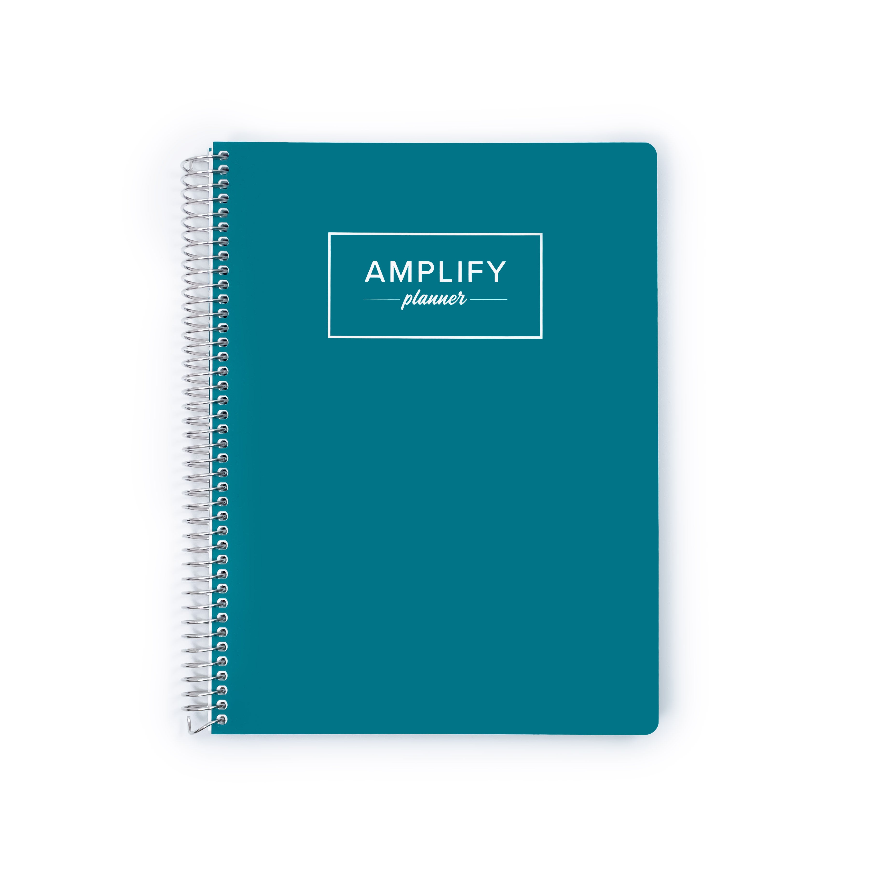 A teal spiral-bound planner with a white wire binding and a white rectangular logo on the front that reads 'AMPLIFY planner'.