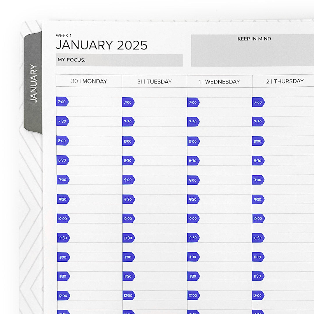 Weekly planner layout for January 2025 featuring Time Arrow Stickers, designed for efficient time management with labeled time blocks.