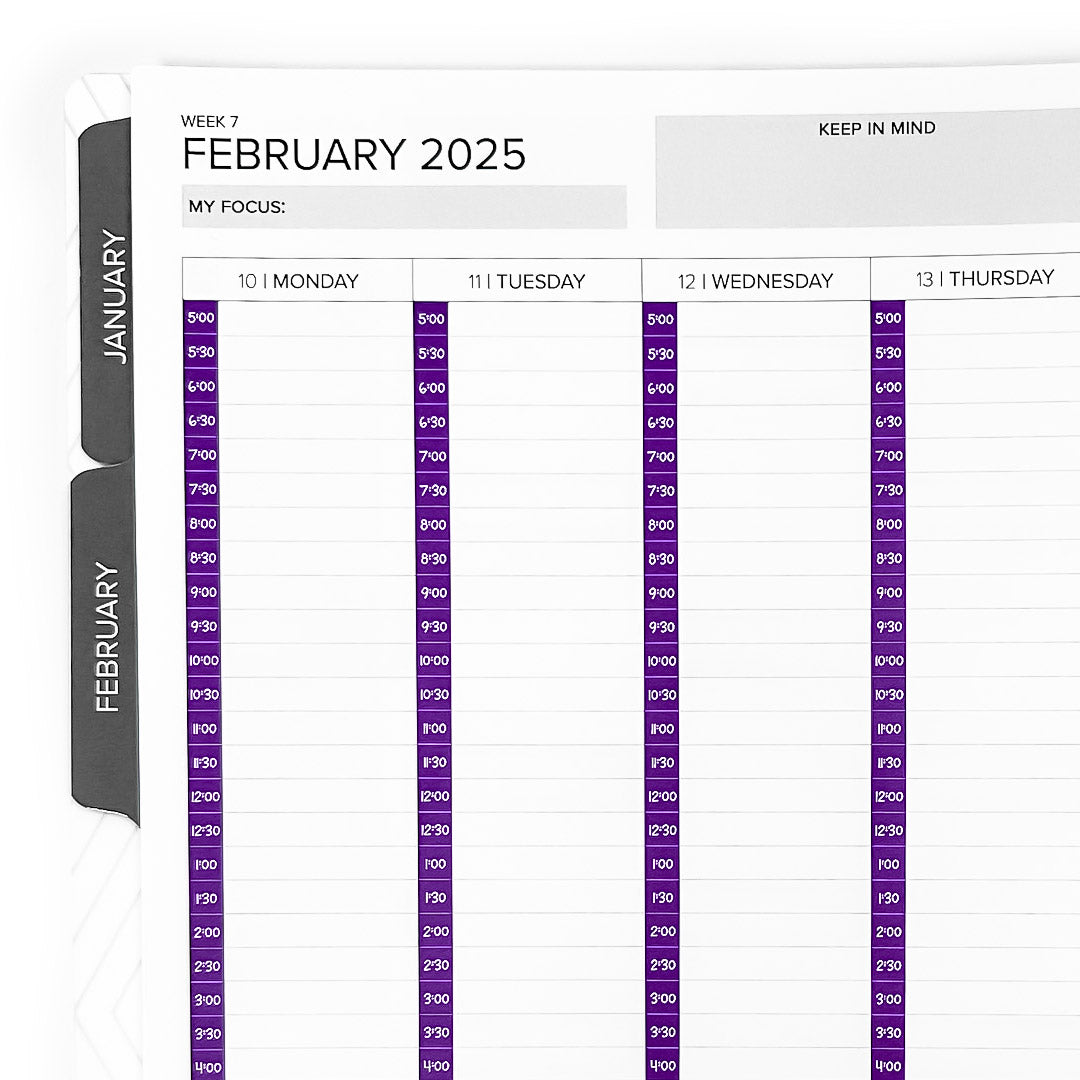Hourly Timeline Stickers - Vertical Weekly Layout displayed in a planner for February 2025. The layout includes time slots running from 5:00 AM to 10:00 PM, ideal for organizing daily schedules.