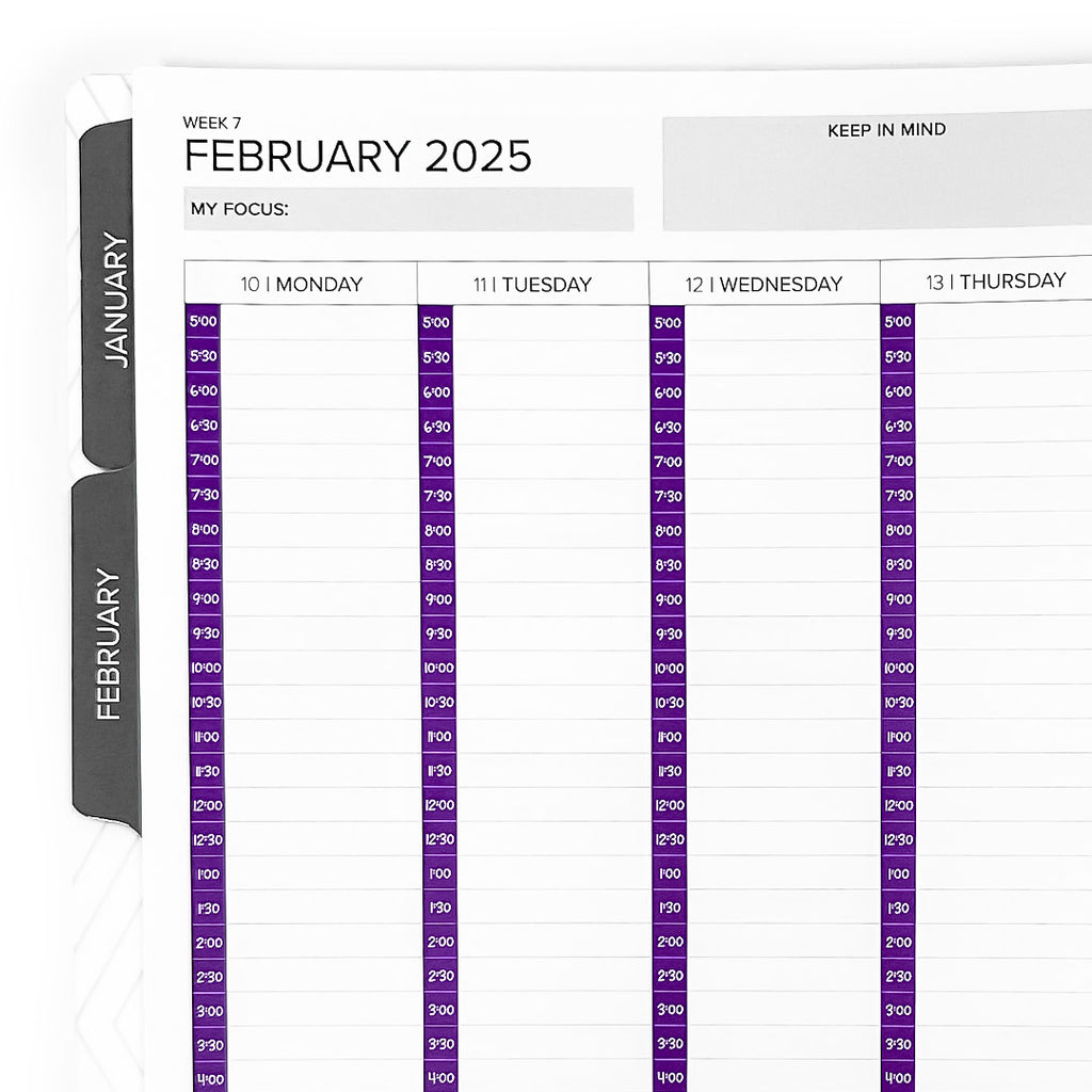 Hourly Timeline Stickers - Vertical Weekly Layout displayed in a planner for February 2025. The layout includes time slots running from 5:00 AM to 10:00 PM, ideal for organizing daily schedules.