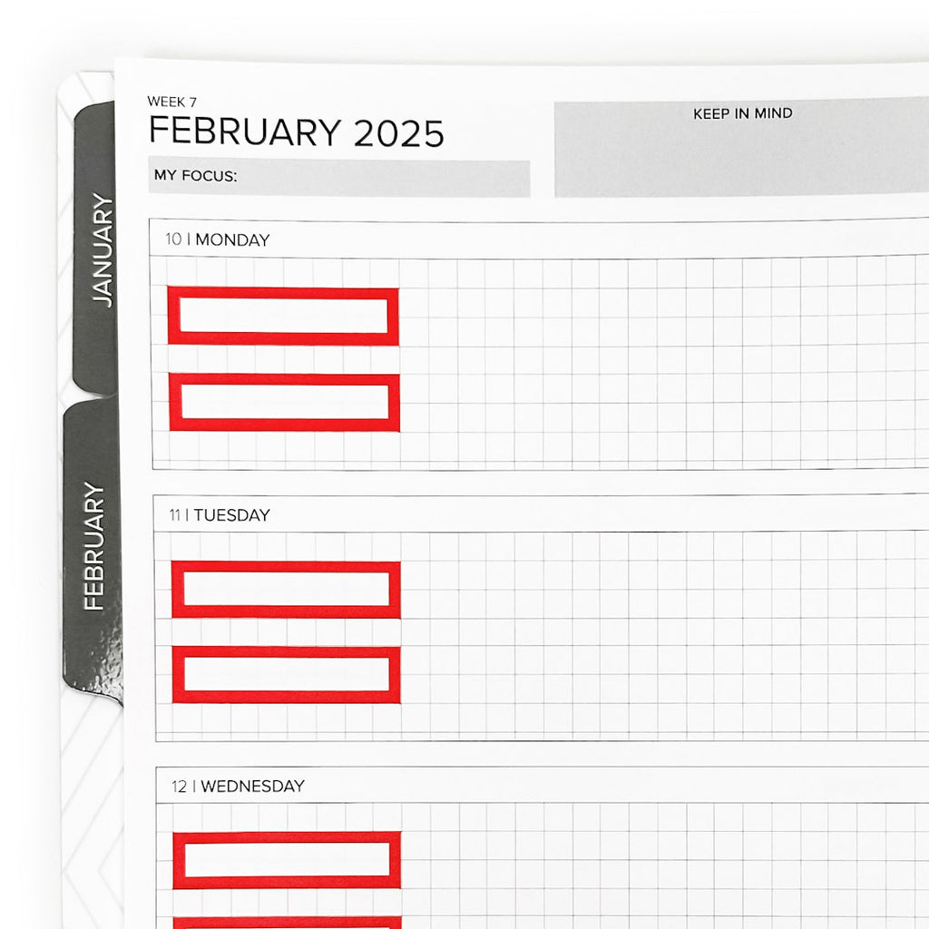 Color Block Stickers - Horizontal Weekly Layout featuring a planner page for February 2025 with empty color-coded boxes for Monday, Tuesday, and Wednesday.