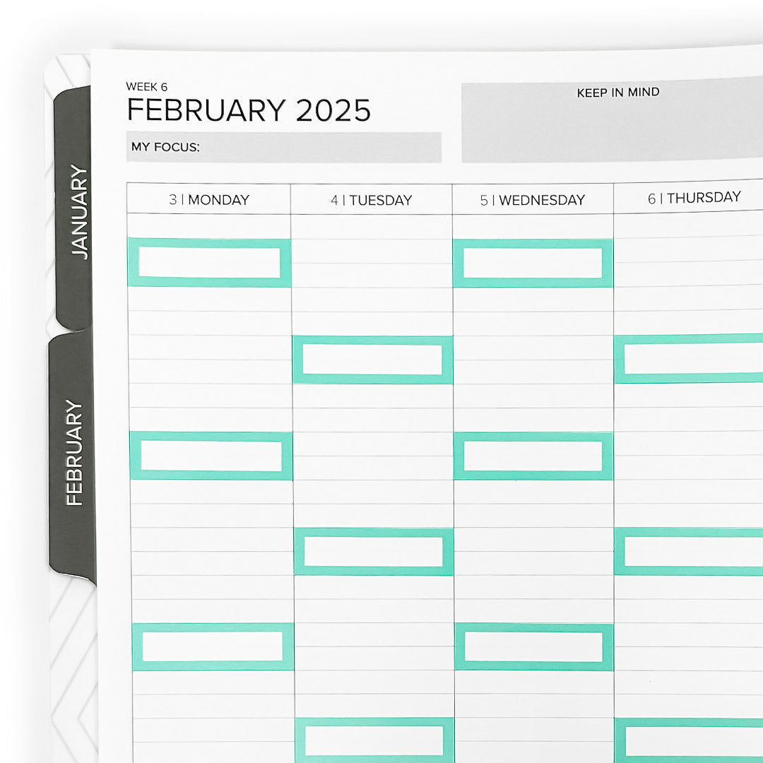 Color Block Stickers - Vertical Weekly Layout displayed on a planner page showing the layout for February 2025, featuring empty boxes for organizing tasks and events.