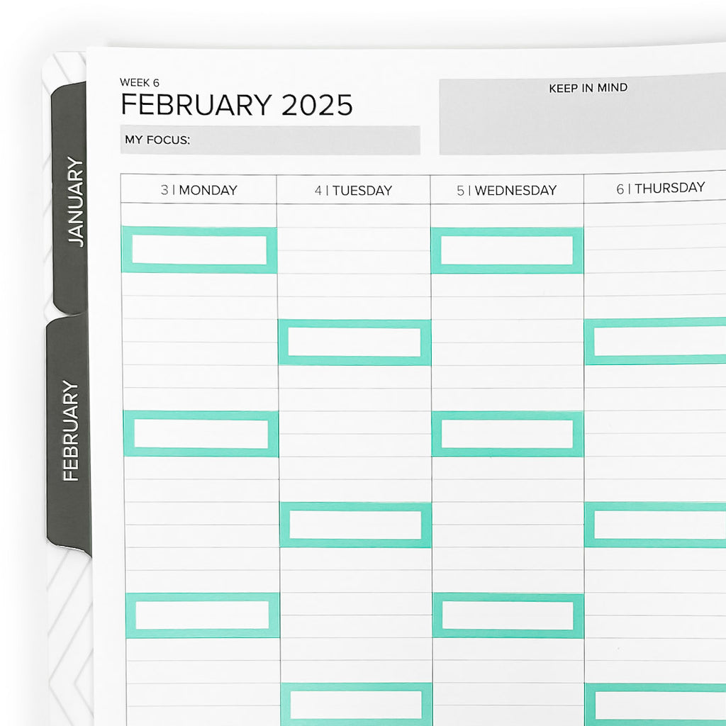 Color Block Stickers - Vertical Weekly Layout displayed on a planner page showing the layout for February 2025, featuring empty boxes for organizing tasks and events.