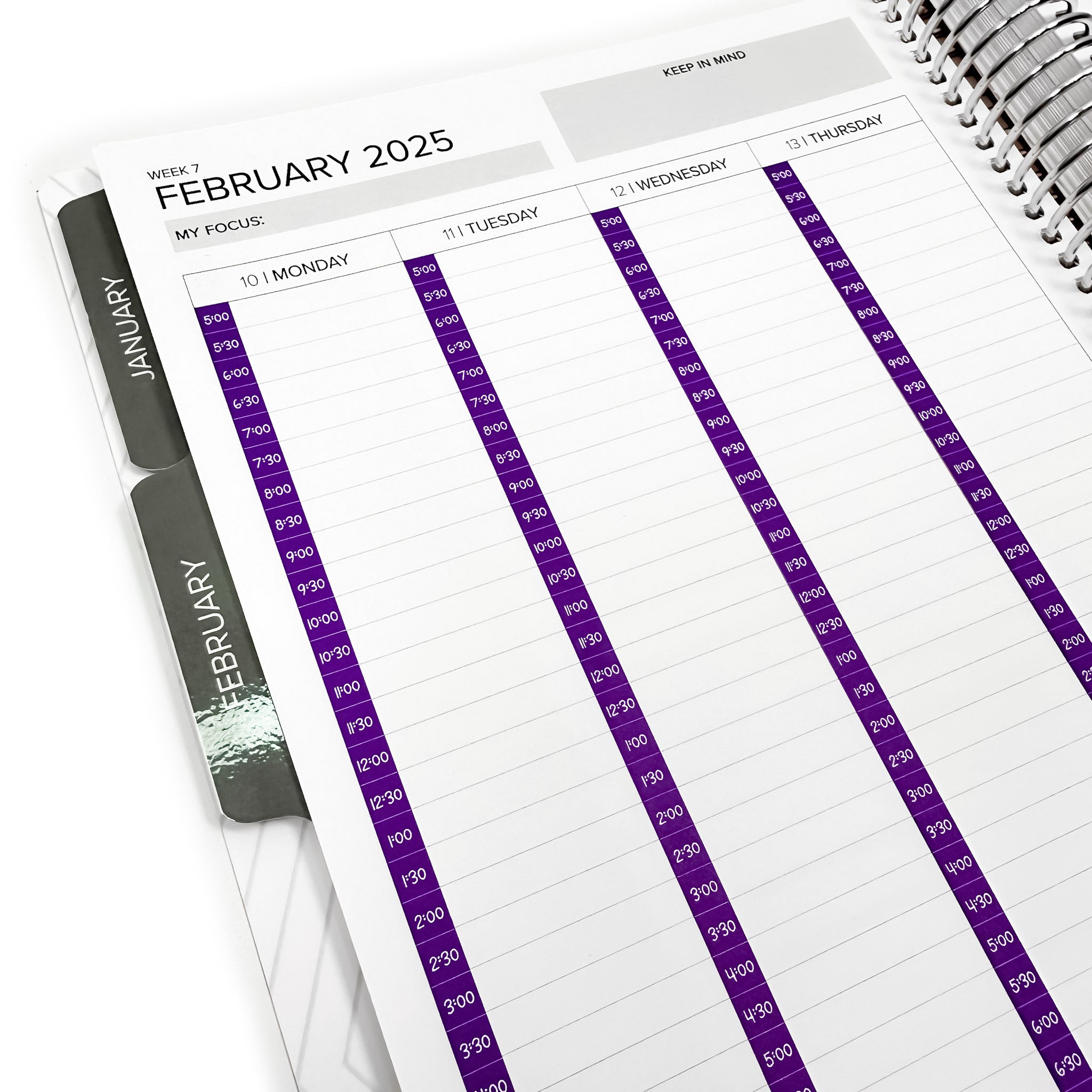 Close-up view of Hourly Timeline Stickers - Vertical Weekly Layout in a spiral planner for February 2025. Features hourly sections in purple, perfect for precise time-blocking and flexible planning.