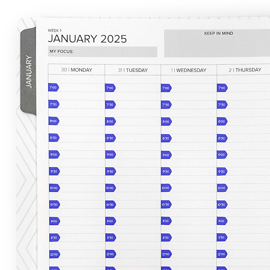 Weekly planner layout for January 2025 featuring Time Arrow Stickers, designed for efficient time management with labeled time blocks.