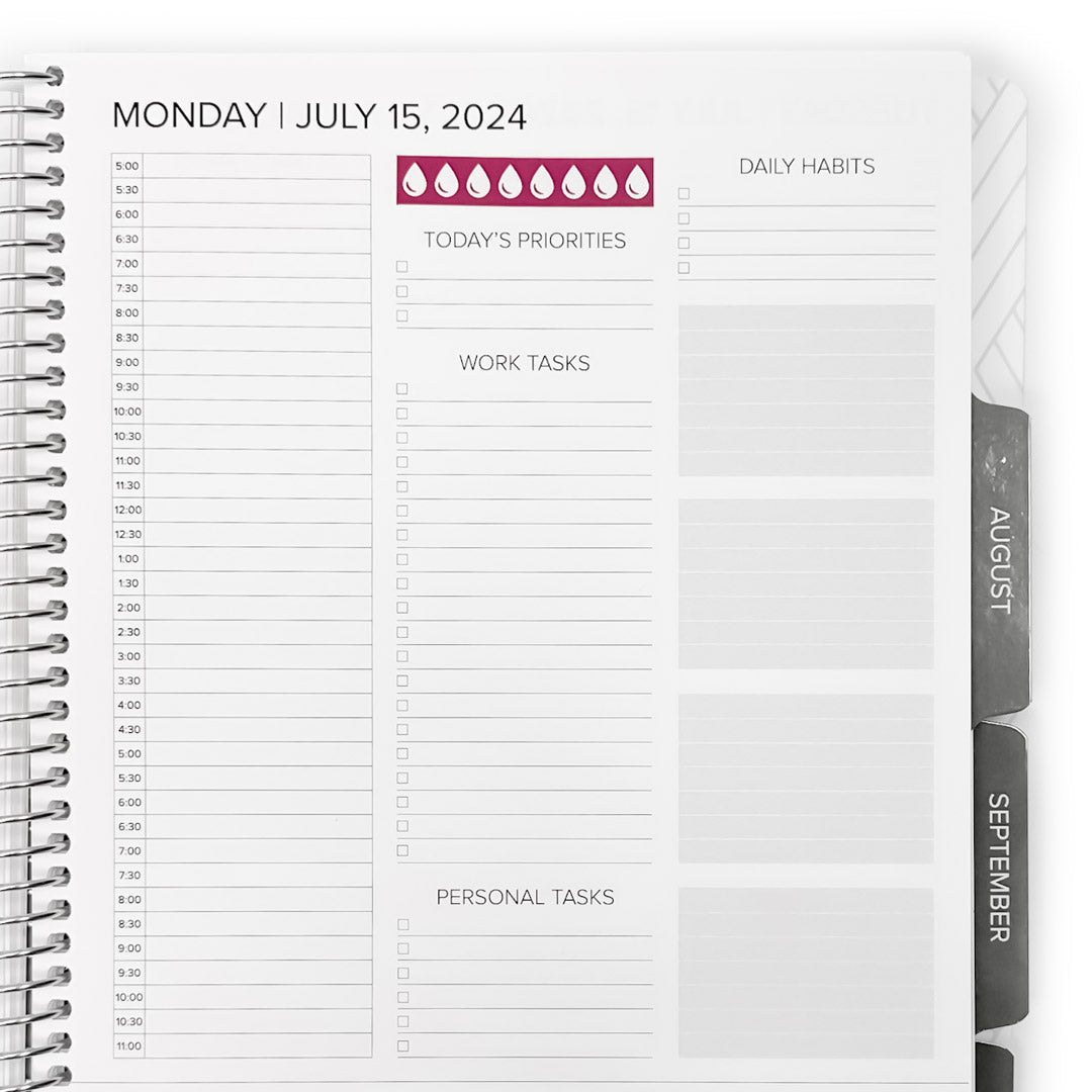 Water Tracker Stickers in use on a Daily Layout planner page, showcasing the water drop tracking feature for hydration goals.