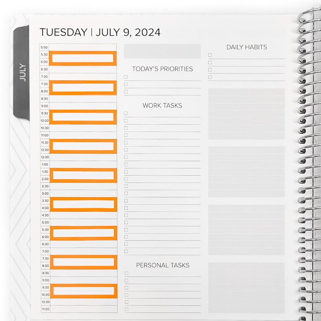 One Hour Block Stickers on a daily planner layout, showcasing hourly blocks for scheduling appointments, tasks, and priorities. Perfect for organizing your day with a clear timeline.