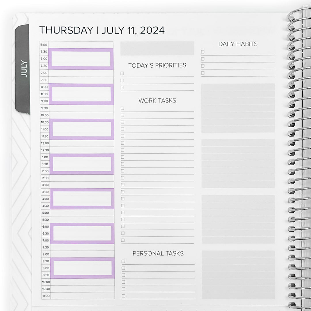 An open planner page showing a daily layout with time blocks for Thursday, July 11, 2024, featuring spaces designed for the 90 Minute Block Stickers to effectively schedule tasks and events.