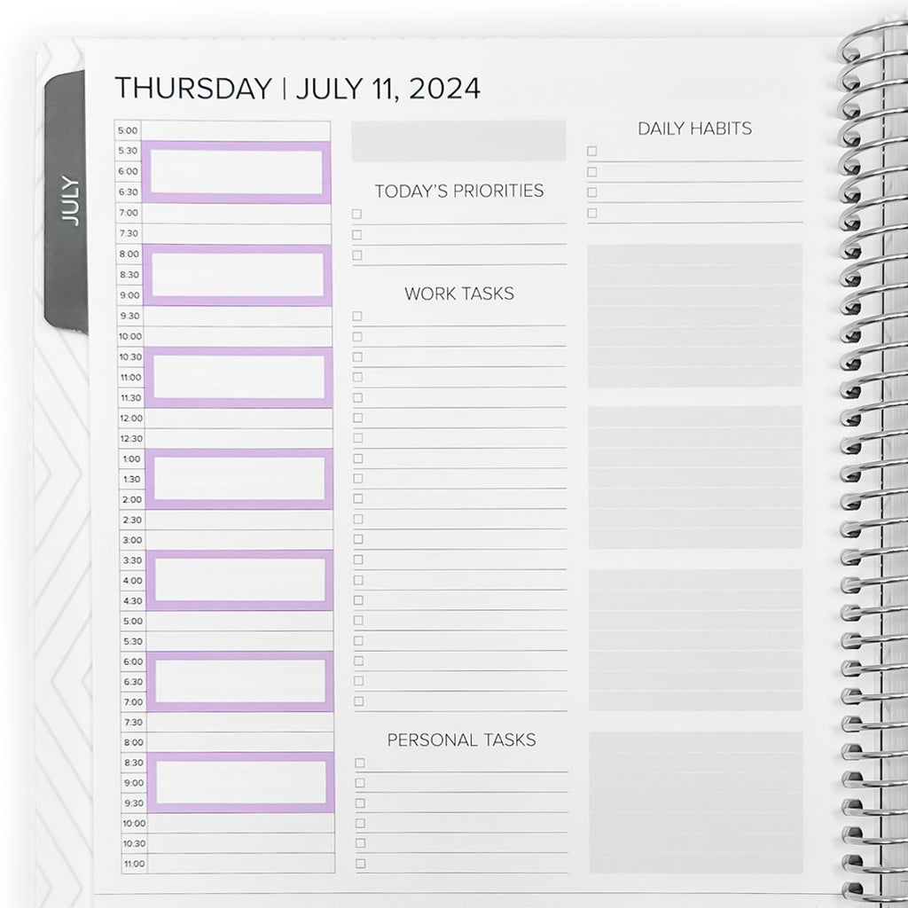 An open planner page showing a daily layout with time blocks for Thursday, July 11, 2024, featuring spaces designed for the 90 Minute Block Stickers to effectively schedule tasks and events.