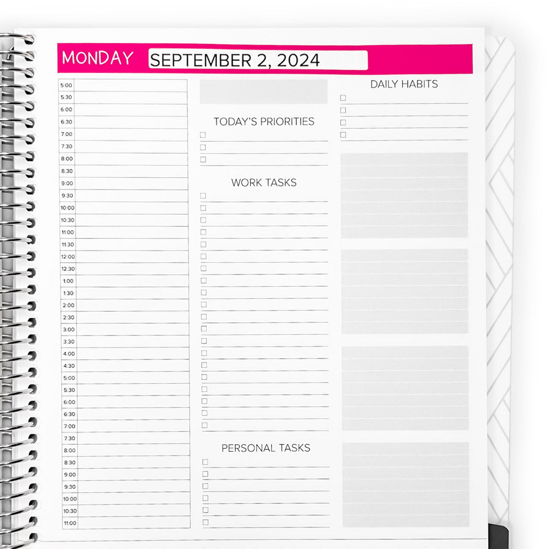 Image of a planner page featuring 'Days of The Week Stickers - Daily Layout' with Monday's date September 2, 2024, and sections for priorities, work tasks, and personal tasks.