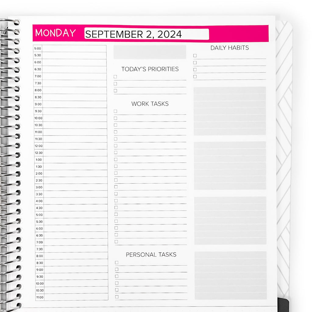 Image of a planner page featuring 'Days of The Week Stickers - Daily Layout' with Monday's date September 2, 2024, and sections for priorities, work tasks, and personal tasks.