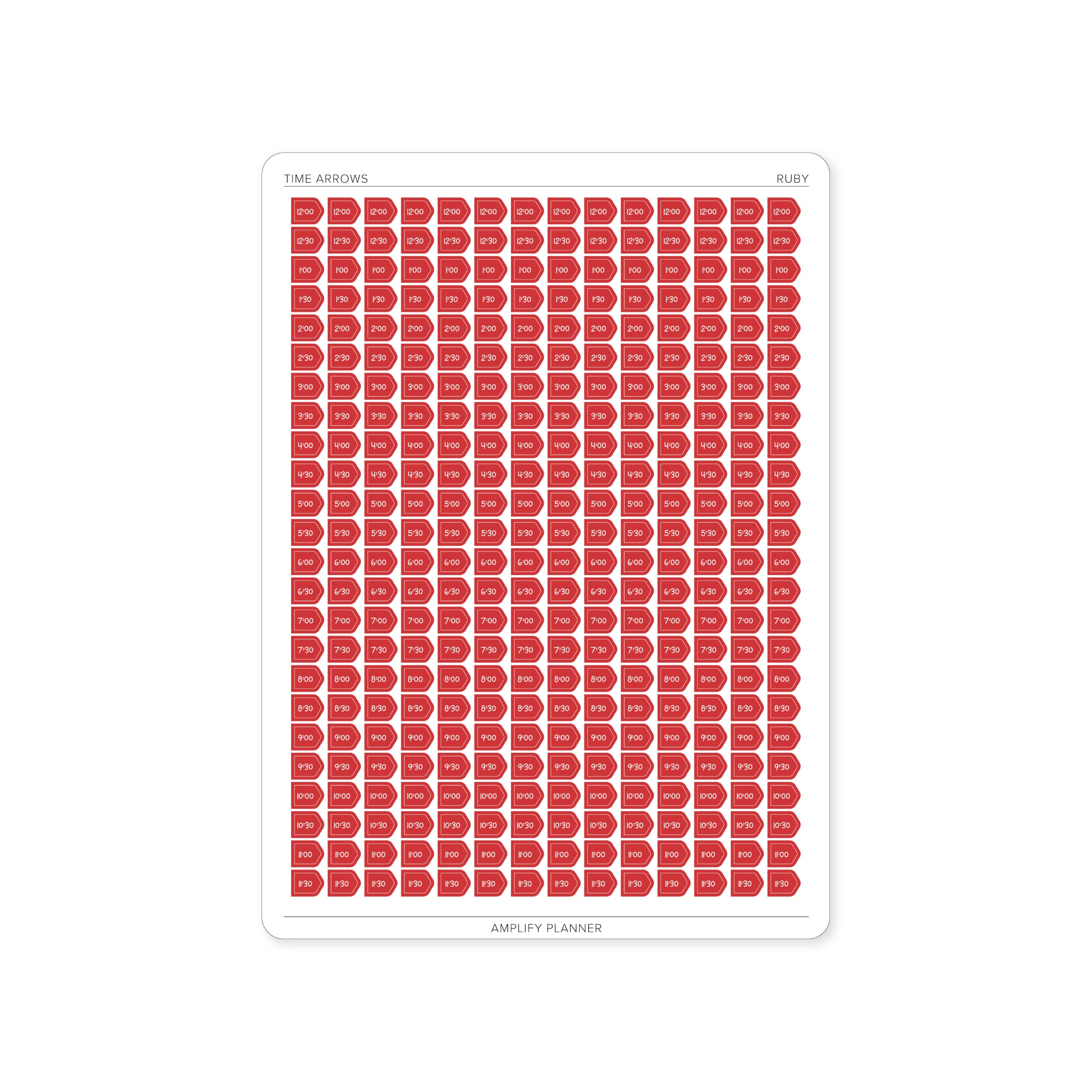 Time Arrow Stickers in Ruby color, designed for horizontal or vertical weekly layouts, featuring 336 stickers per sheet to help visualize time blocks and appointments.