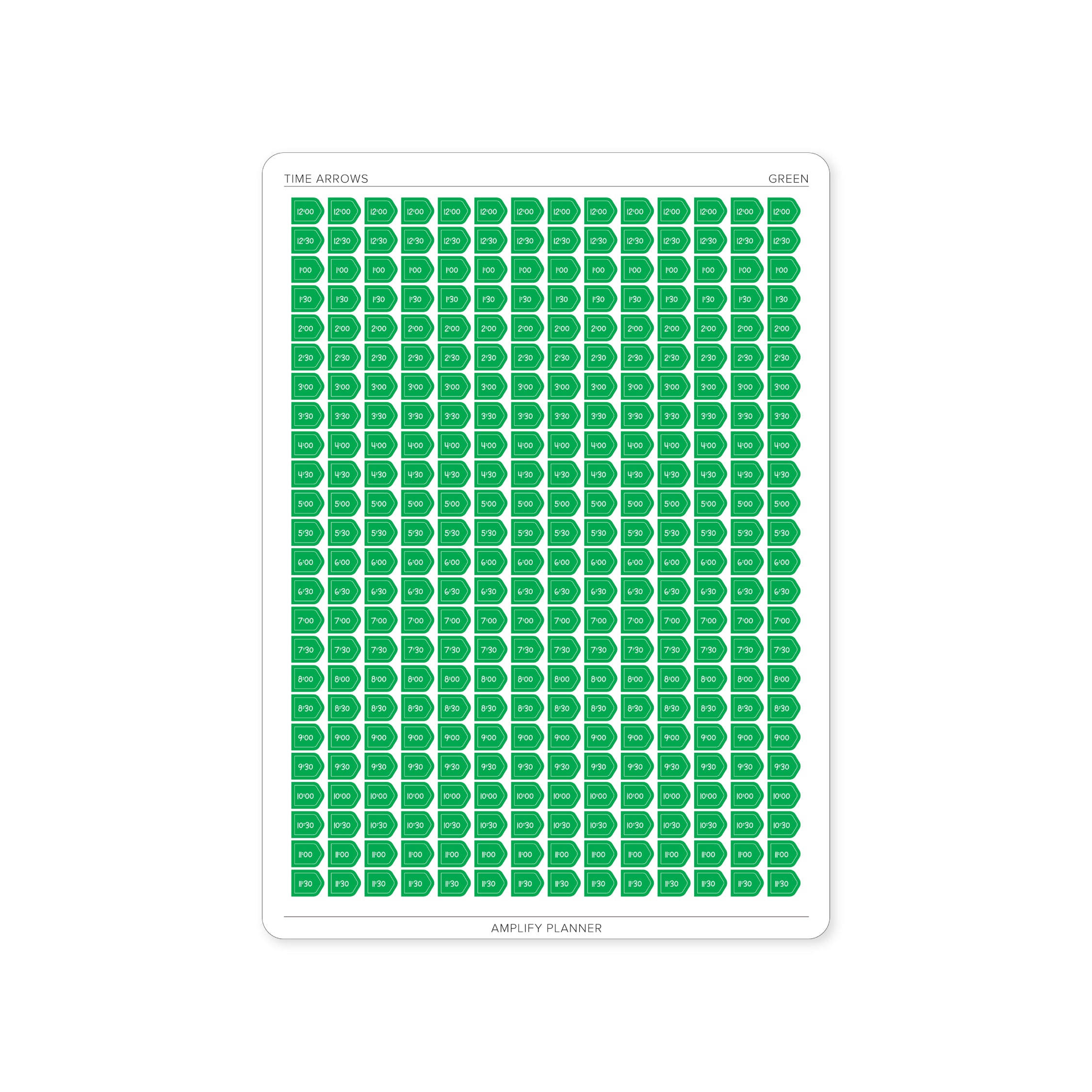 Time Arrow Stickers in Green color, designed to fit in planners for marking appointments, interruptions, and commitments efficiently.