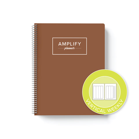 Begin Again Brown cover with graphic indicating vertical weekly layout option in daily undated Amplify Planner