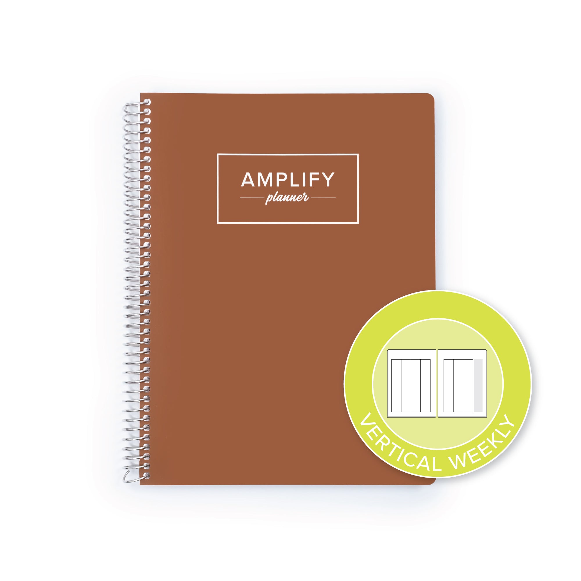 Begin Again Brown cover with graphic indicating vertical weekly layout option in daily undated Amplify Planner