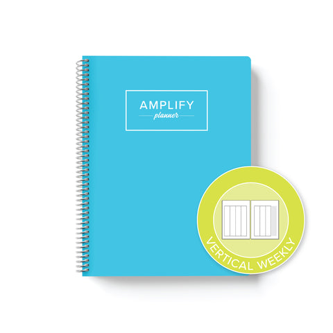 blue skies weekly Amplify Planner on white background with graphic showing vertical weekly layout option