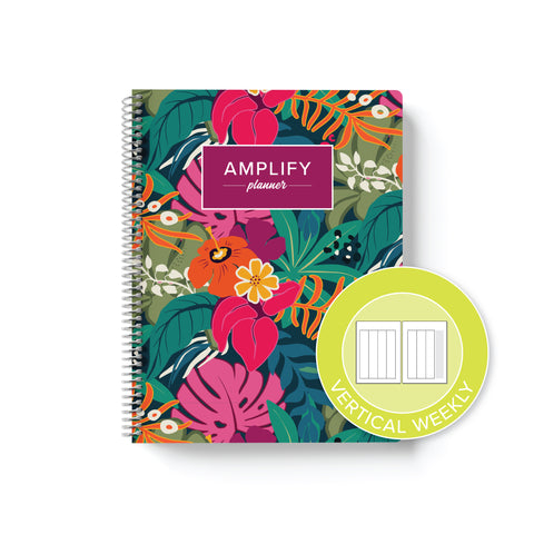 Boldly Tropical cover with graphic indicating vertical weekly layout option in daily undated Amplify Planner