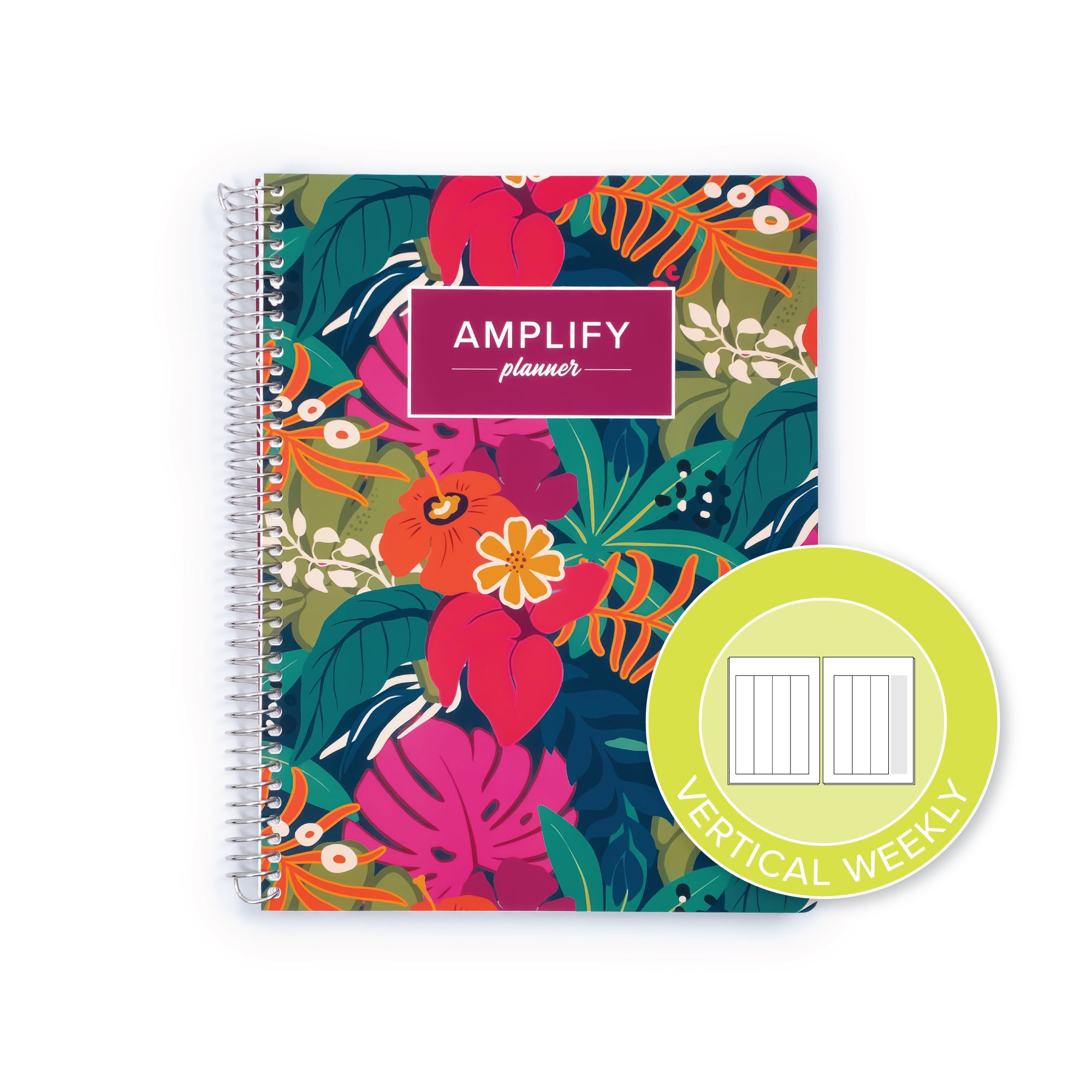 A spiral-bound planner titled 'AMPLIFY planner' with a colorful tropical floral cover design, shown on a white background with a lime-green circular badge indicating 'VERTICAL WEEKLY' layout.