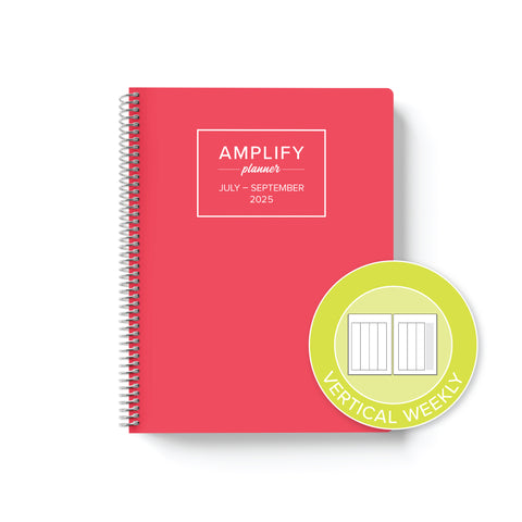 coral crush cover with graphic indicating vertical weekly layout option in Q3 2025 daily Amplify Planner