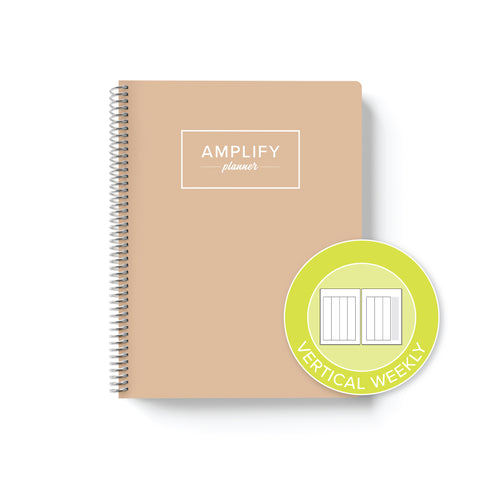 golden light weekly Amplify Planner on white background with graphic showing vertical weekly layout option