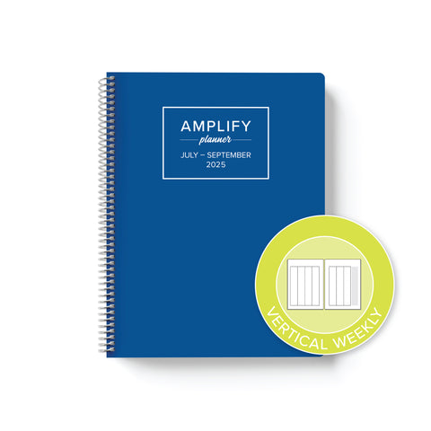 lagoon blue cover with graphic indicating vertical weekly layout option in Q3 2025 daily Amplify Planner