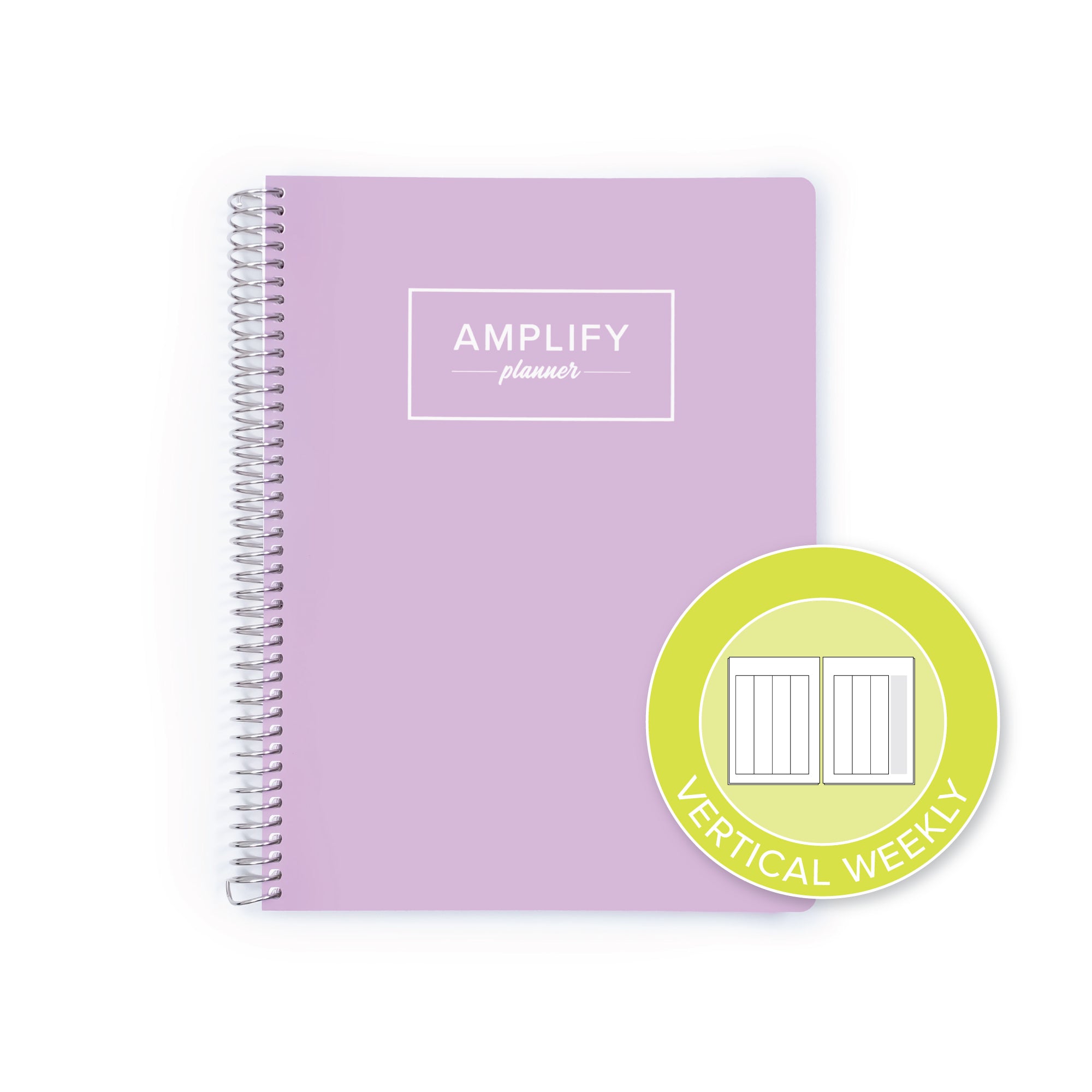 A lavender purple spiral-bound planner with a white logo reading 'AMPLIFY planner' on the cover, shown on a white background with a green circular badge that says 'VERTICAL WEEKLY'.