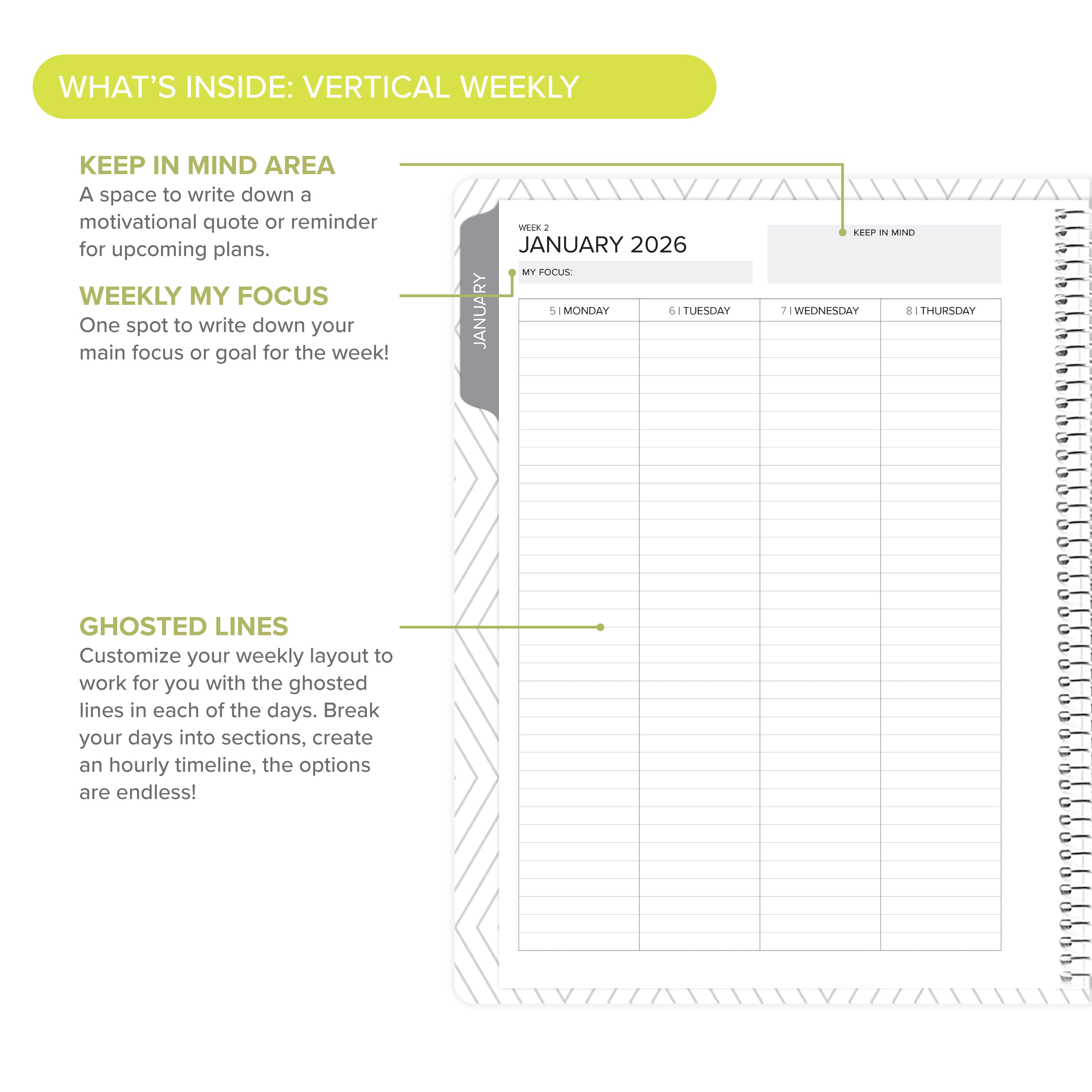 Features of the Vertical Weekly layout in the Daily Planner - January-March 2026, detailing keep-in-mind area and ghosted lines.