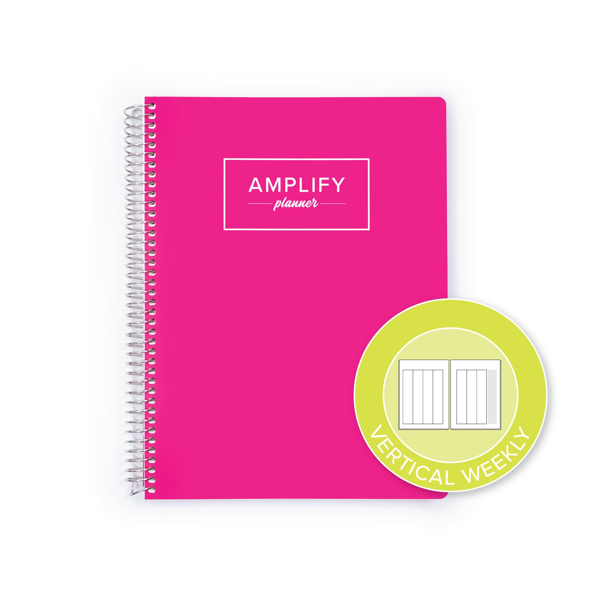 Make Move Pink cover with graphic indicating vertical weekly layout option in daily undated Amplify Planner