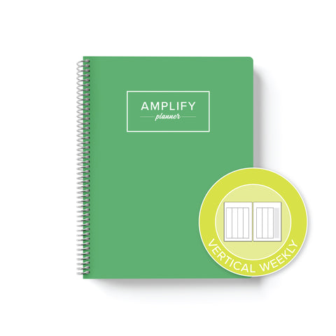 new leaf green weekly Amplify Planner on white background with graphic showing vertical weekly layout option