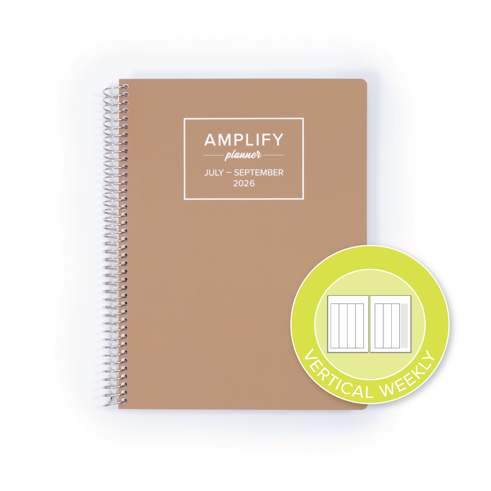Daily Planner - July-September 2026 featuring a vertical weekly layout indicator, styled in Nomad Brown from Amplify Planner.