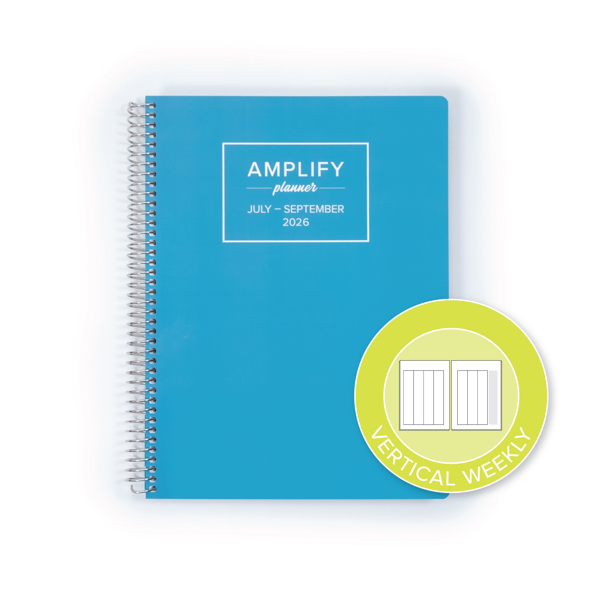Daily Planner - July-September 2026 featuring a vertical weekly layout, showcased in a stylish Poolside Blue cover from Amplify Planner.