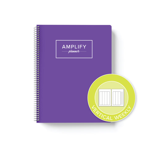 purple perspective weekly Amplify Planner on white background with graphic showing vertical weekly layout option