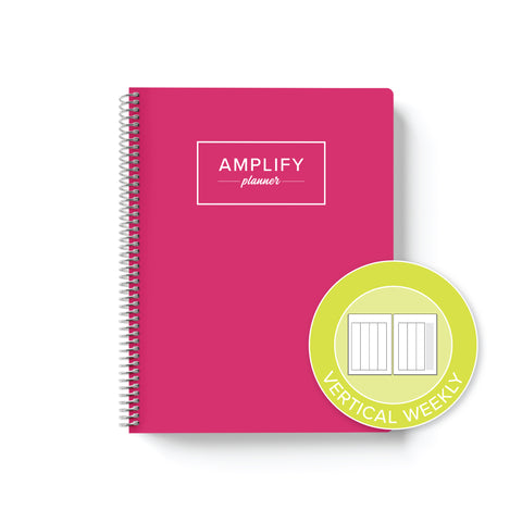 rosy outlook weekly Amplify Planner on white background with graphic showing vertical weekly layout option