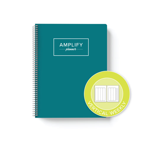 Teal Within cover with graphic indicating vertical weekly layout option in daily undated Amplify Planner